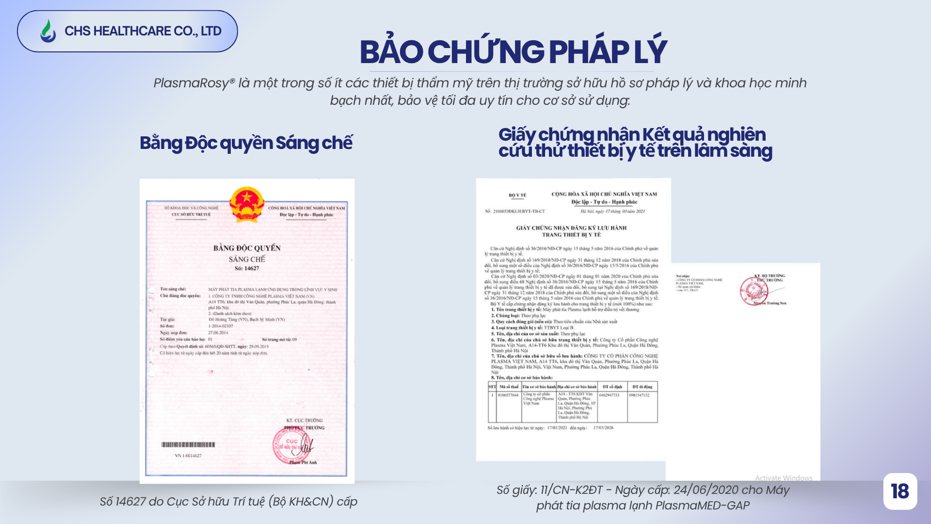 Công nghệ Plasma lạnh - PlasmaMED-GAP/ PlasmaRosy® với Bằng sáng chế: Số 14627 – Bảo chứng độc quyền công nghệ từ Nhà sản xuất