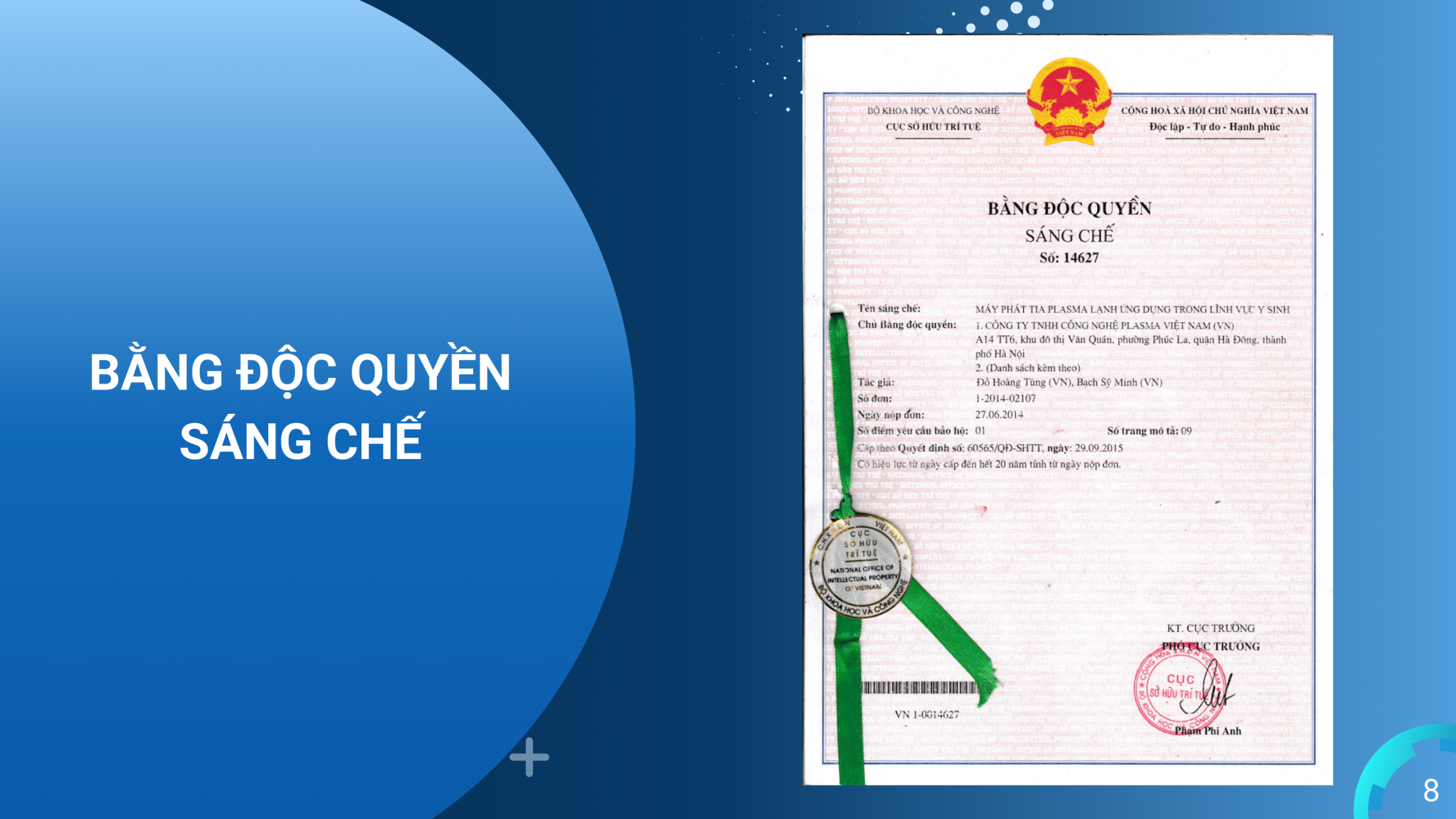 Công nghệ Plasma lạnh -PlasmaMed/PlasmaRosy với Bằng sáng chế: Số 14627 – Bảo chứng độc quyền công nghệ từ Nhà sản xuất PLT.
