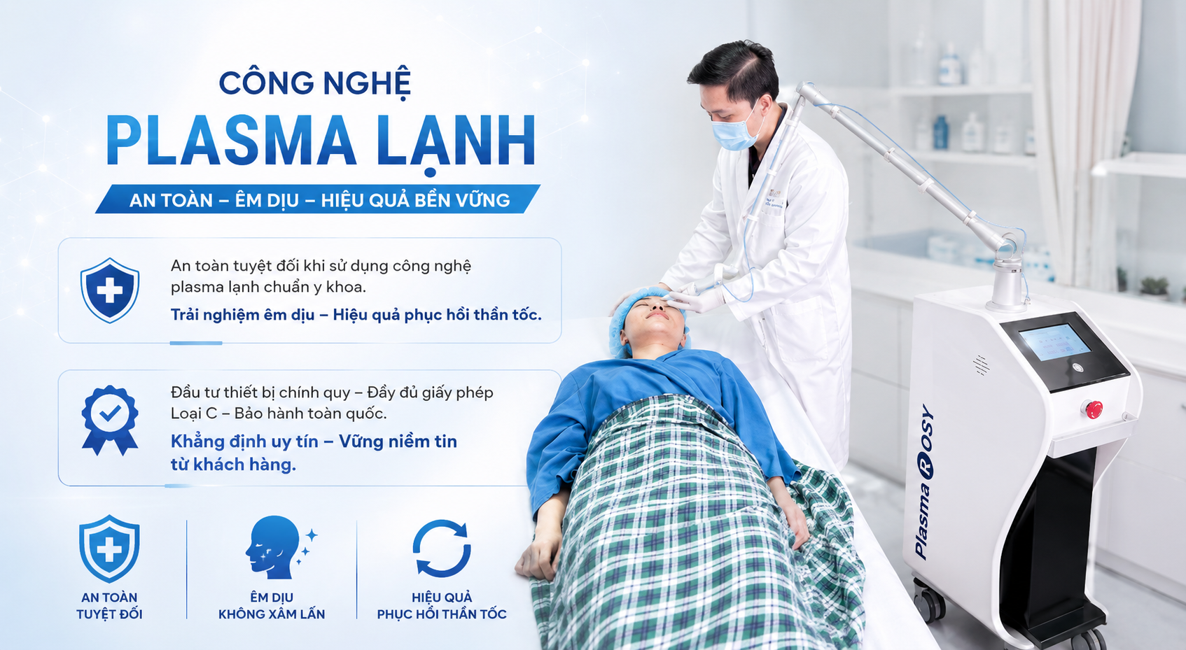 Công nghệ plasma lạnh dùng trong da liễu là hoàn toàn an toàn, mang lại trải nghiệm vô cùng êm dịu cho khách hàng và hiệu quả phục hồi thần tốc cho cơ sở